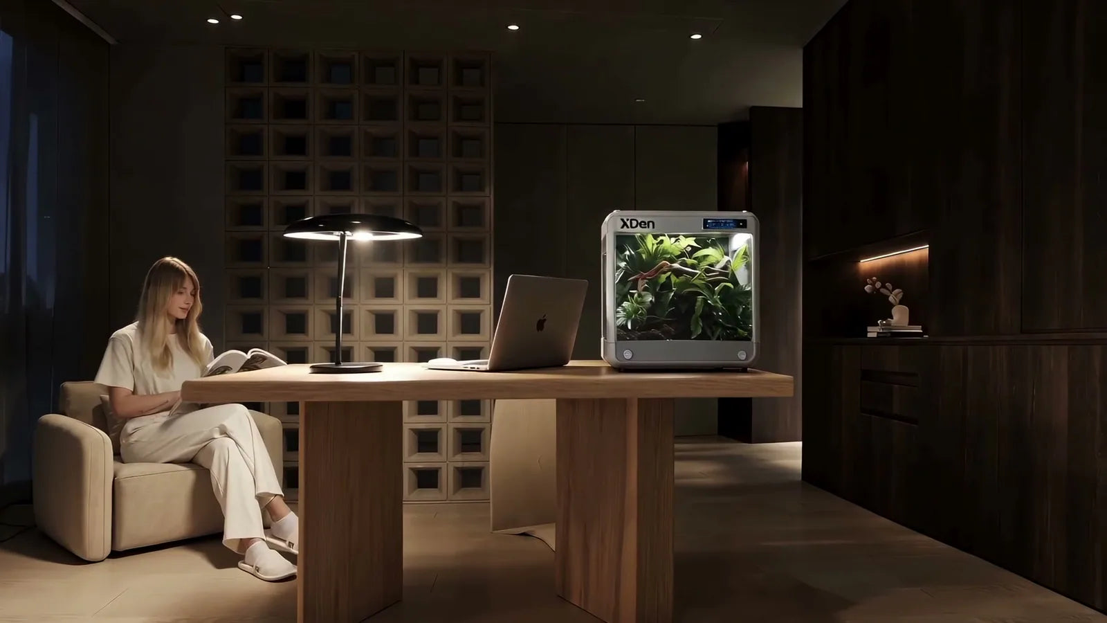 XDen sharing a calm nighttime workspace with its owner