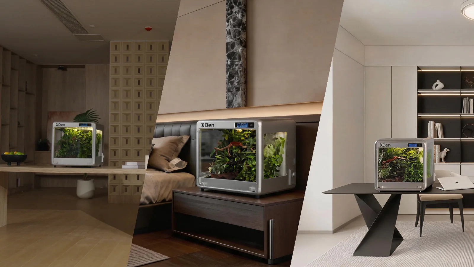 XDen placed beautifully in a dining area, bedroom and home office